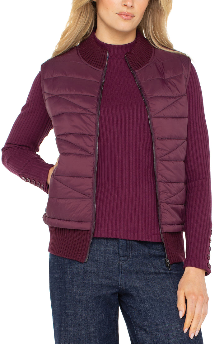 SLEEVELESS QUILTED FRONT FULL ZIP SWEATER VEST - WINE BERRY