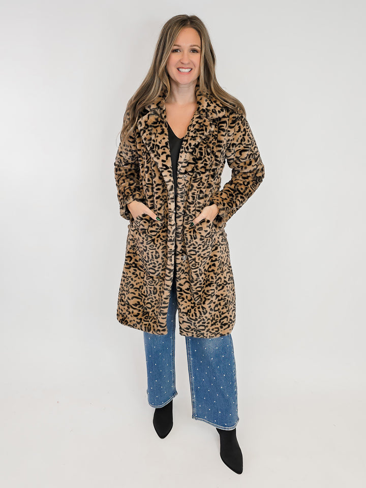 FAUX FUR ANIMAL PRINT COAT - BLACK TAN
