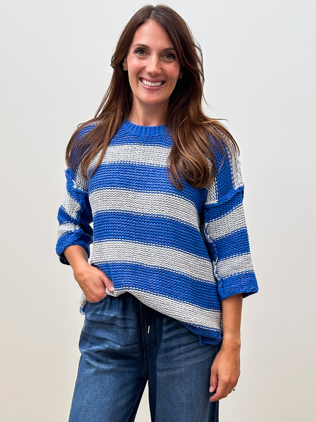3/4 SLEEVE STRIPED CHUNKY KNIT SWEATER - BLUE GREY