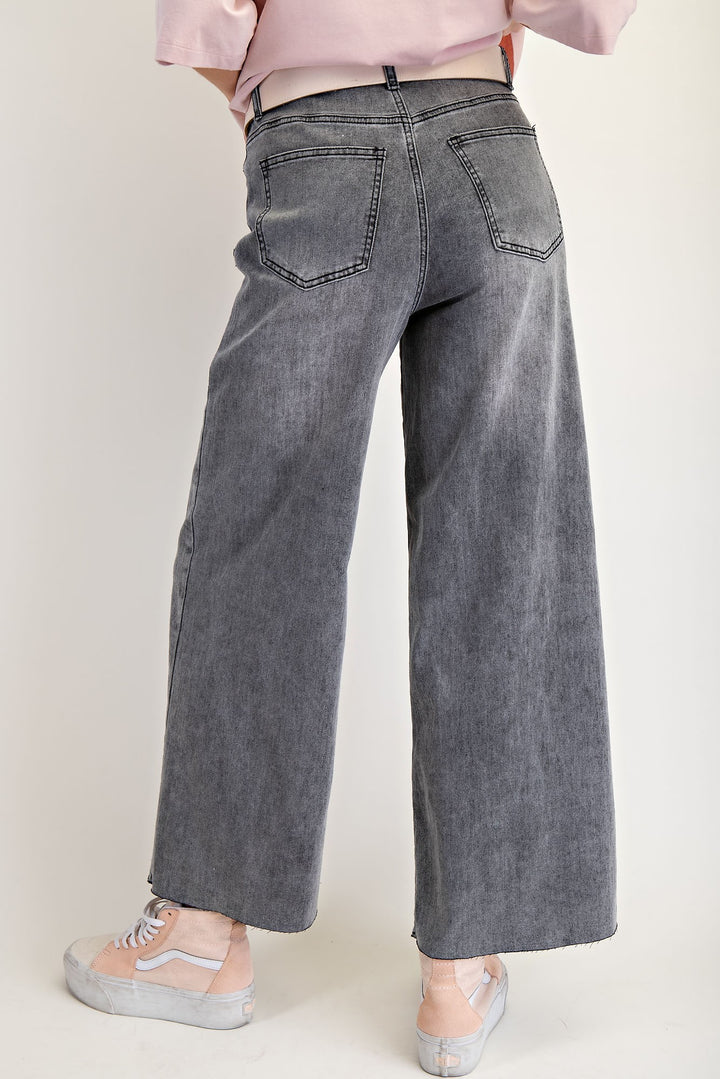 SOFT WASHED STRETCH DENIM WIDE LEG PANTS - BLACK DENIM