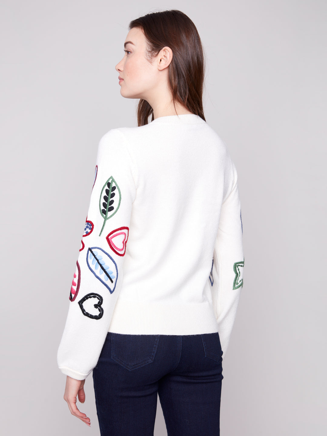 EMBROIDERED CREW NECK SWEATER W/PUFF SLEEVES - ECRU