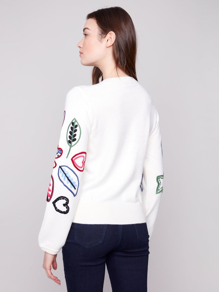 EMBROIDERED CREW NECK SWEATER W/PUFF SLEEVES - ECRU