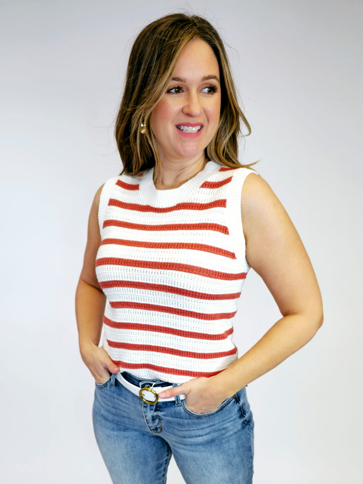 STRIPED SWEATER TANK W/CONTRAST ACCENTS - POPPY