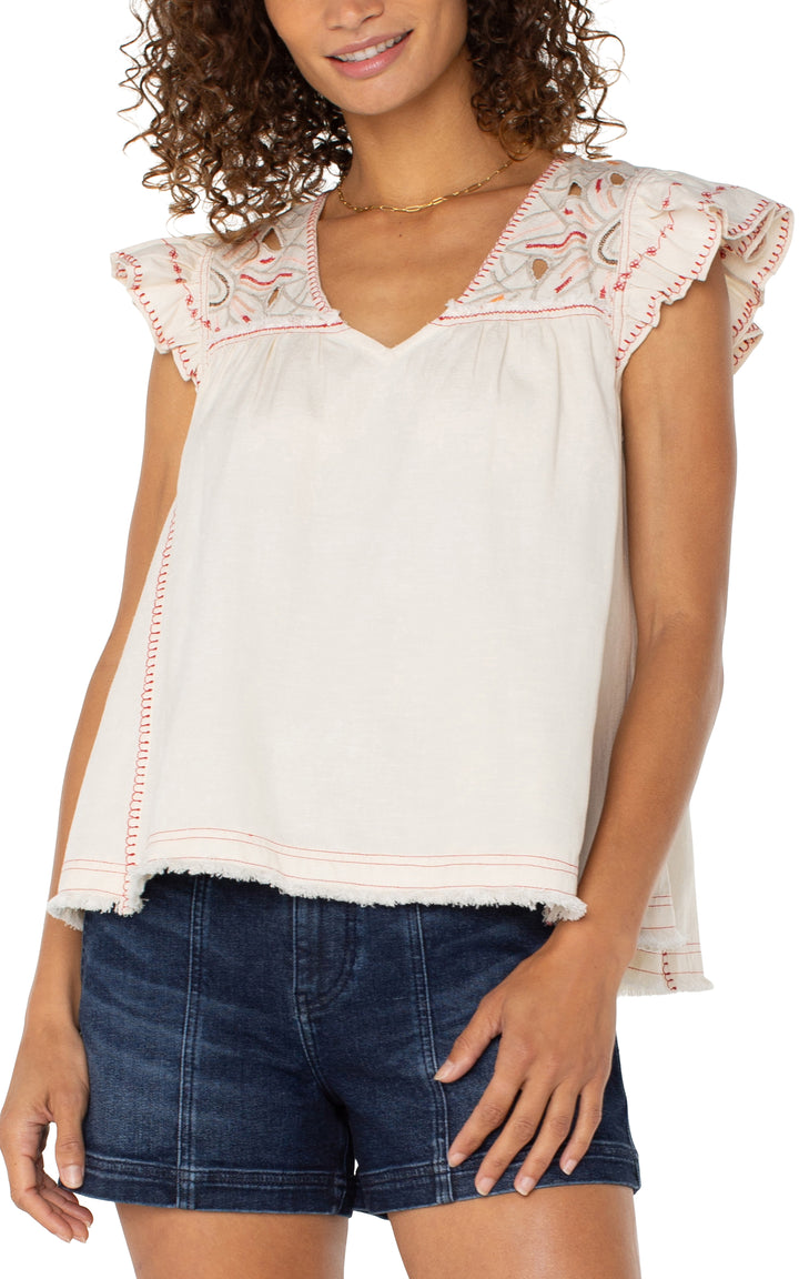 FLUTTER SLEEVE V-NECK WOVEN BLOUSE W/EMBROIDERERY - BONE