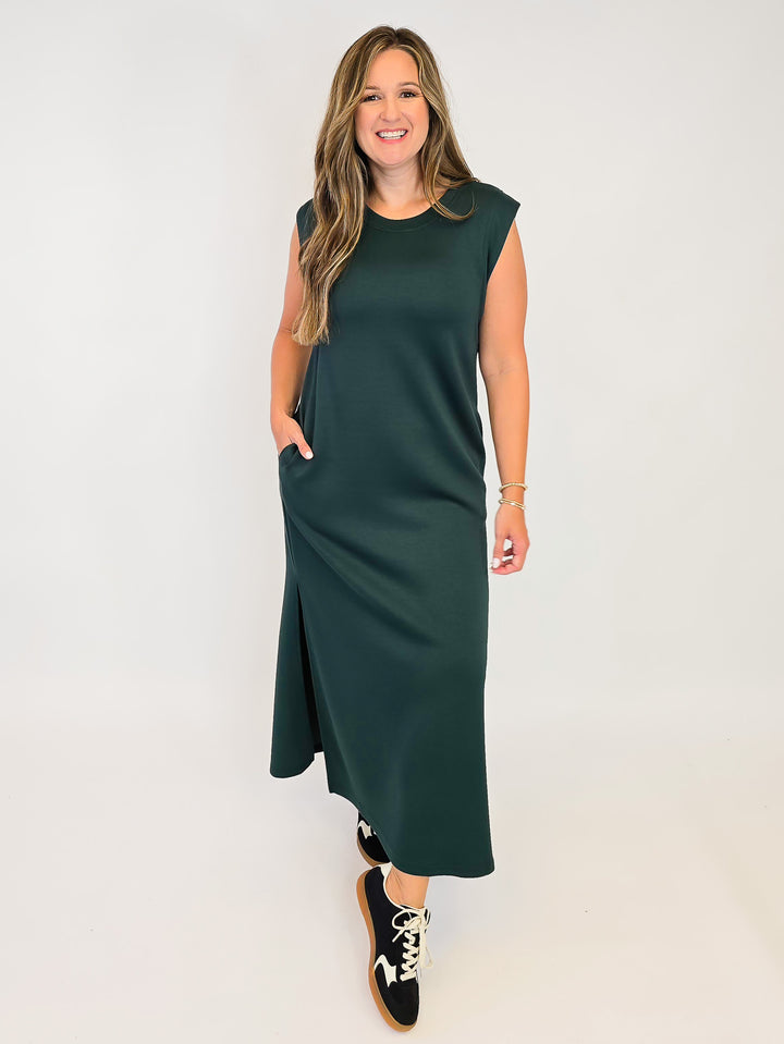 JERSEY KNIT MIDI DRESS W/SIDE SLIT - FOREST