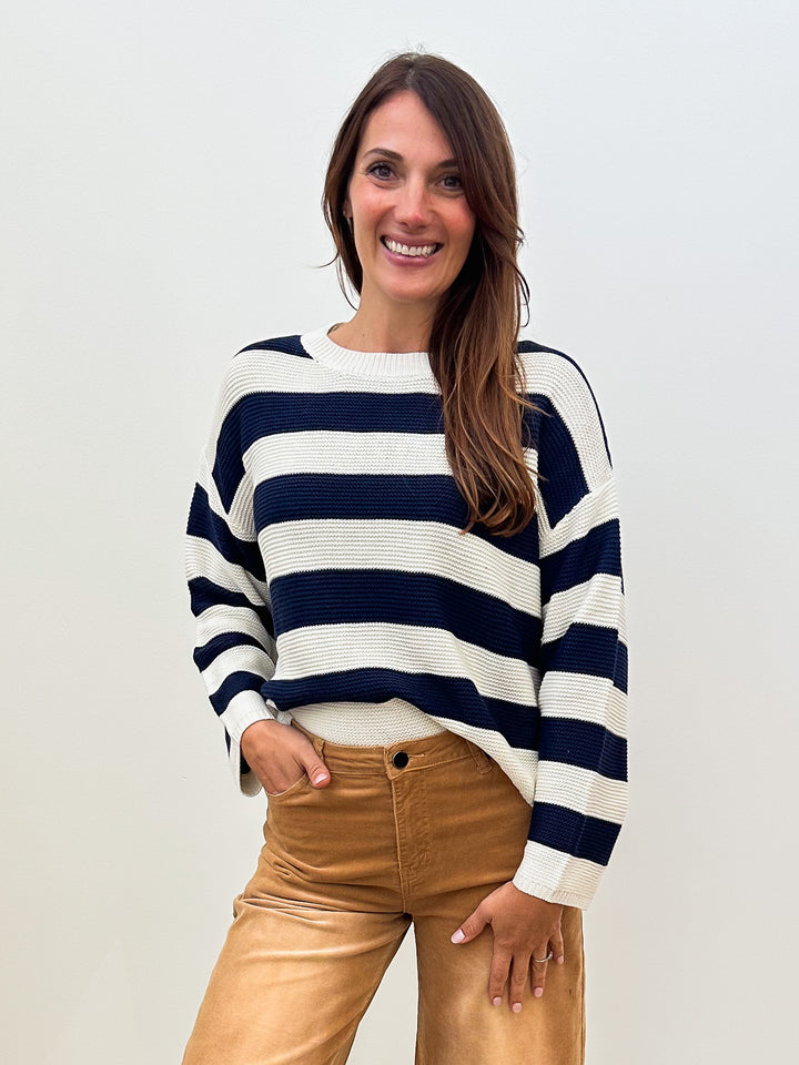 L/S DROPPED SHOULDER STRIPED LIGHT KNIT SWEATER - NAVY