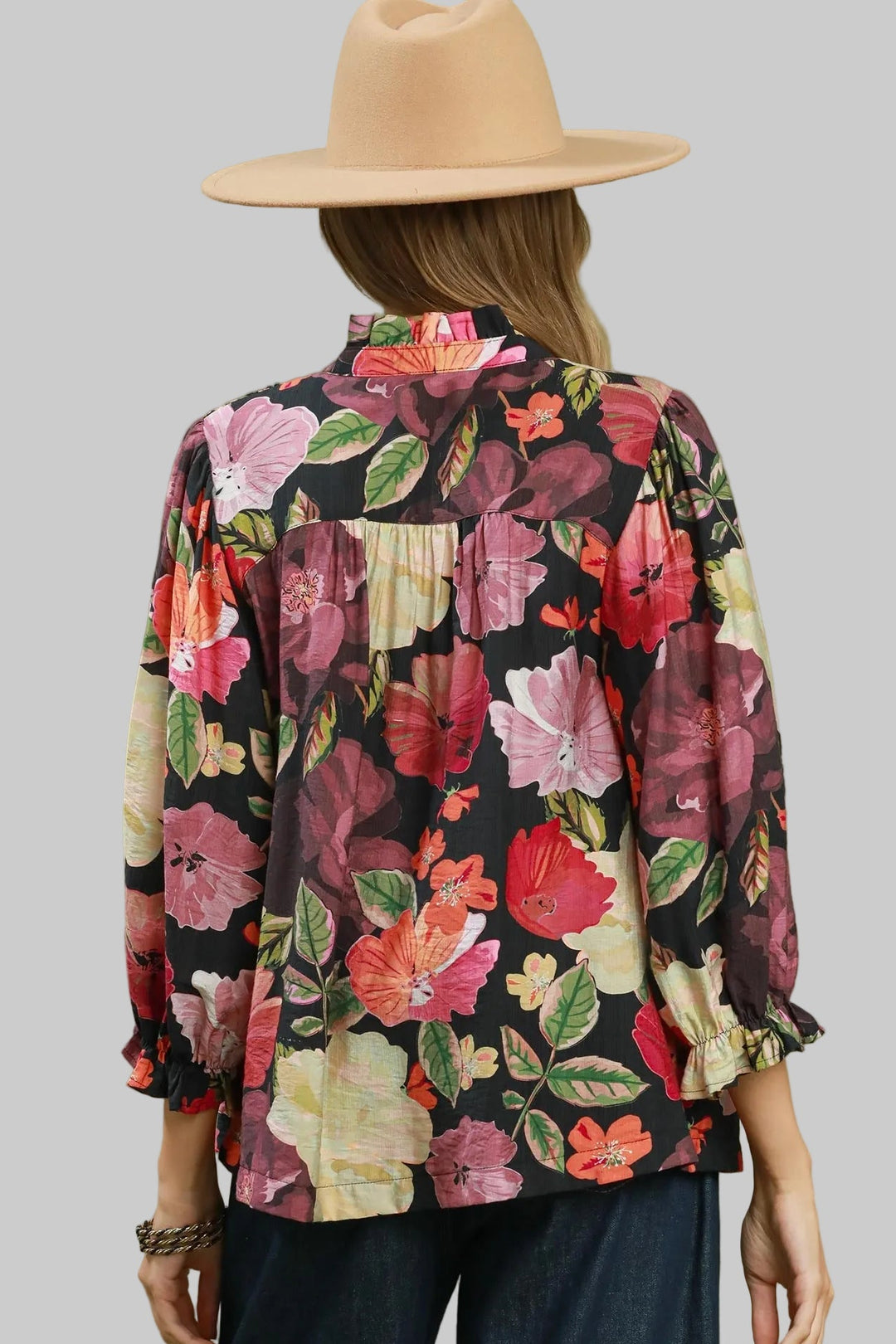 3/4 SLEEVE MIX FLORAL BUTTON FRONT BLOUSE - BLACK MIX