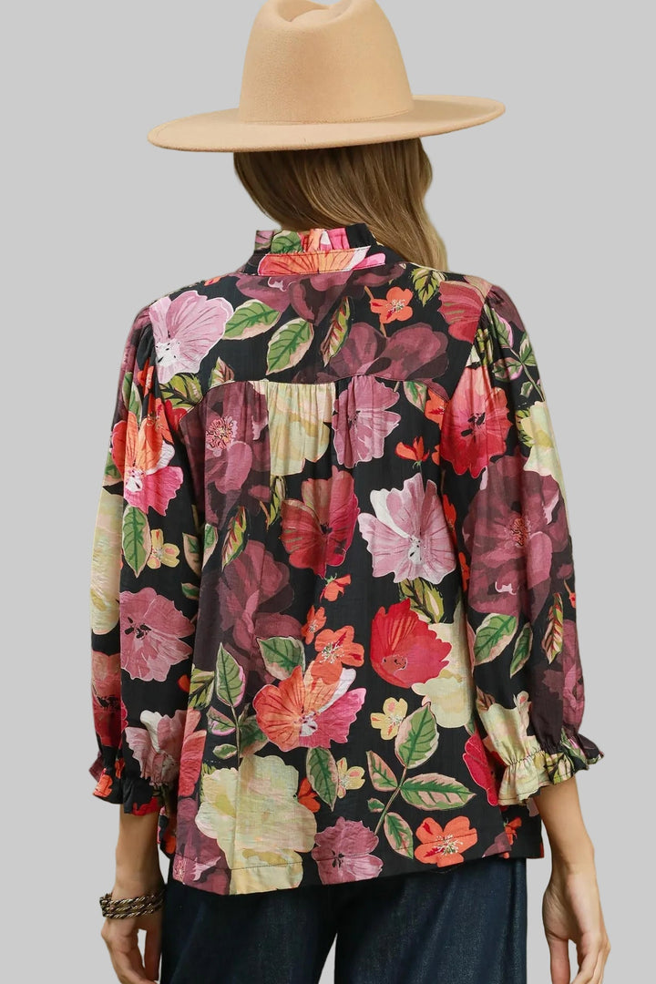 3/4 SLEEVE MIX FLORAL BUTTON FRONT BLOUSE - BLACK MIX