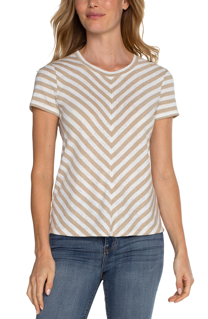 SHORT SLEEVE KNIT TOP W/MITER - CREAM TAN STRIPE