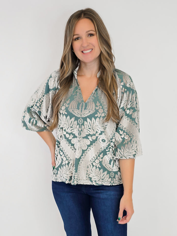 DAMASK PRINT VELVET SPLIT NECK TOP - SAGE