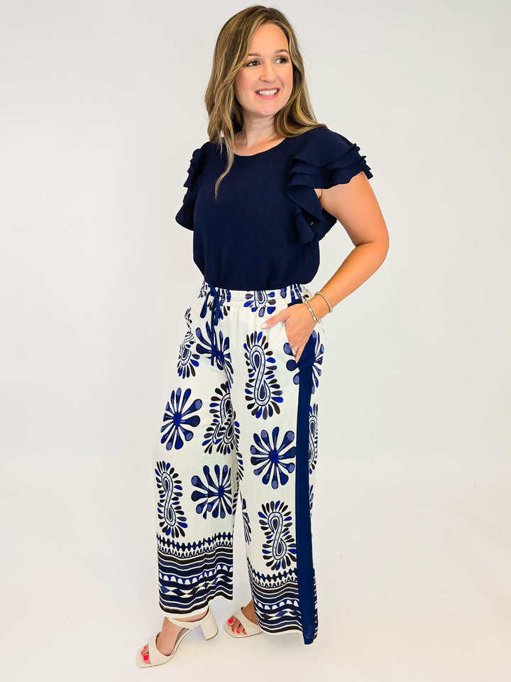HIGH WAIST FLORAL PRINT PANTS - NAVY