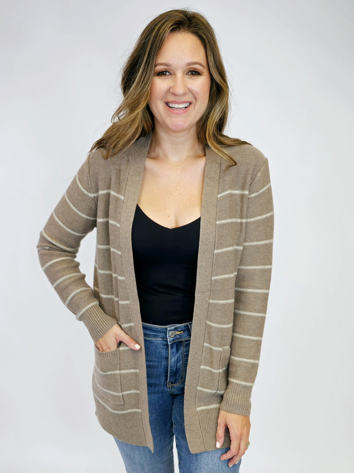 STRIPED CARDIGAN W/POCKETS - MOCHA