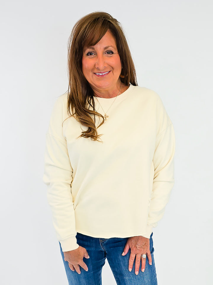 MIXED MINERAL WASHED TERRY KNIT PULLOVER - BEIGE
