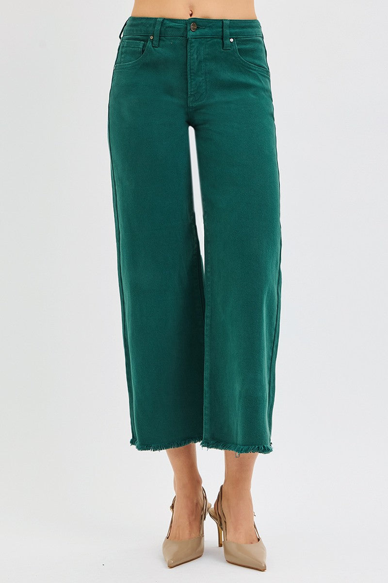 RISEN TUMMY CONTROL HR CROP WIDE LEG PANTS - HUNTER GREEN - 27" INSEAM