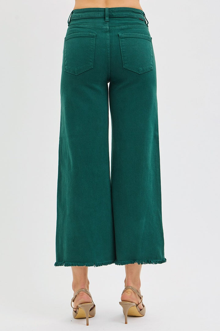 RISEN TUMMY CONTROL HR CROP WIDE LEG PANTS - HUNTER GREEN - 27" INSEAM