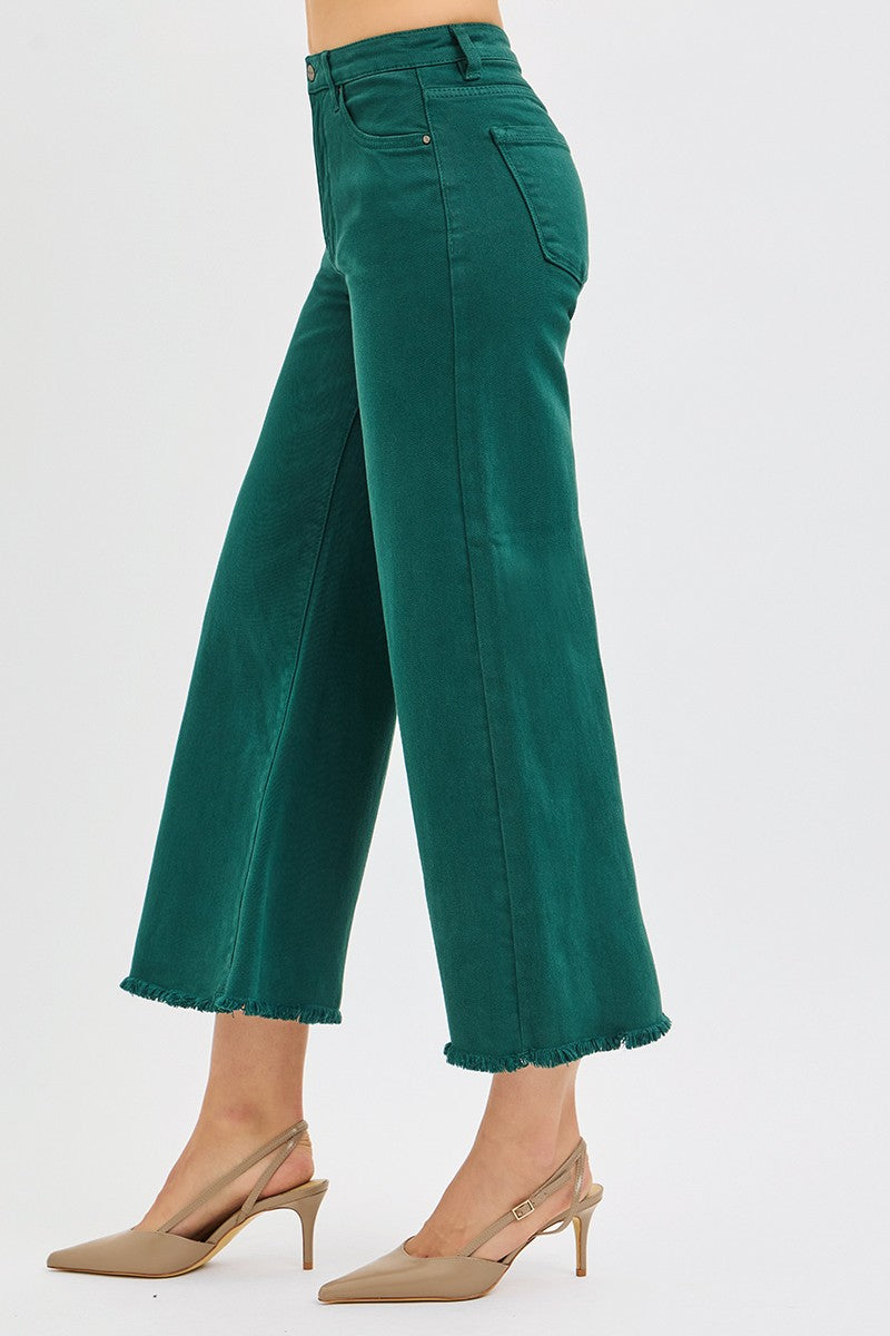 RISEN TUMMY CONTROL HR CROP WIDE LEG PANTS - HUNTER GREEN - 27" INSEAM