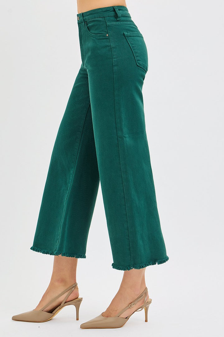RISEN TUMMY CONTROL HR CROP WIDE LEG PANTS - HUNTER GREEN - 27" INSEAM
