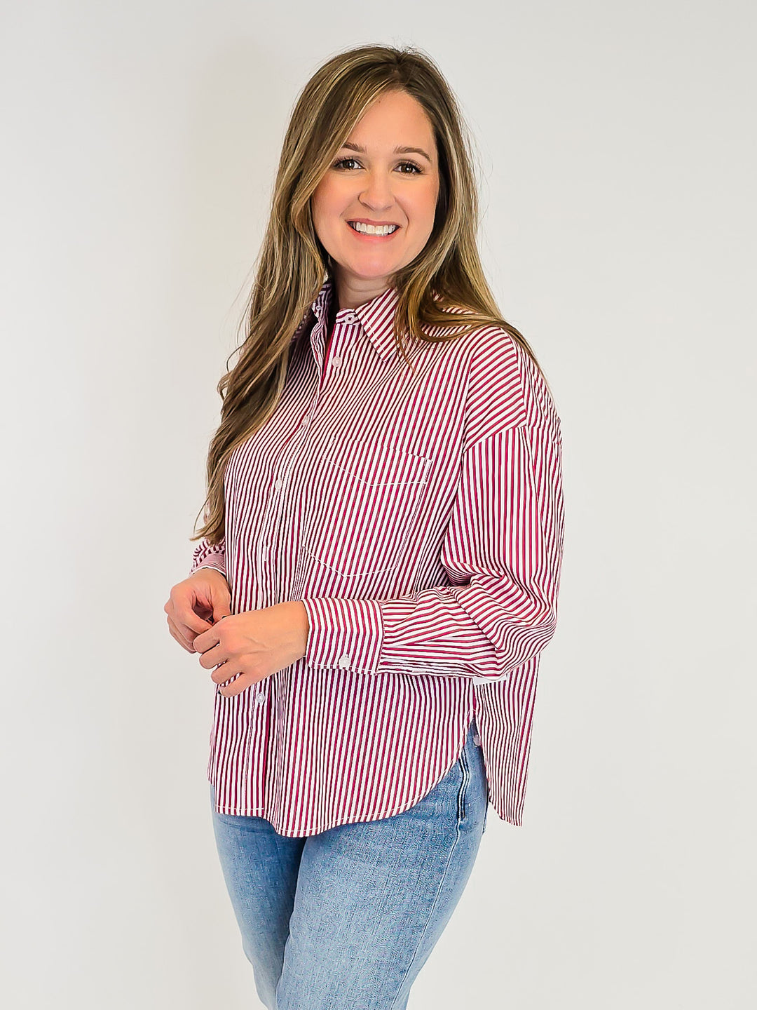 COLLARED STRIPED BUTTON UP SHIRT - RED
