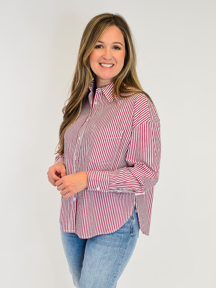COLLARED STRIPED BUTTON UP SHIRT - RED