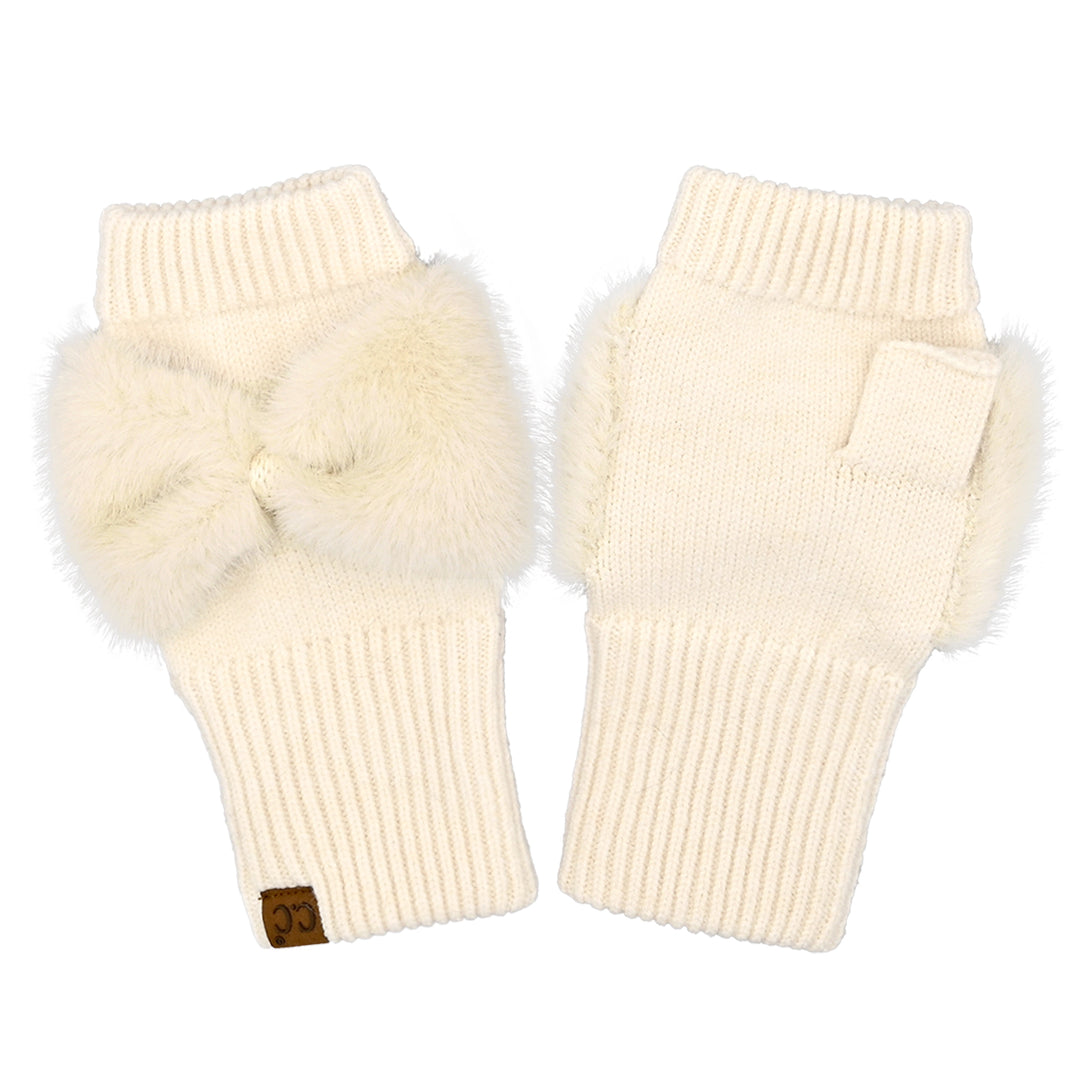 FAUX FUR BOW FINGERLESS GLOVES - BEIGE
