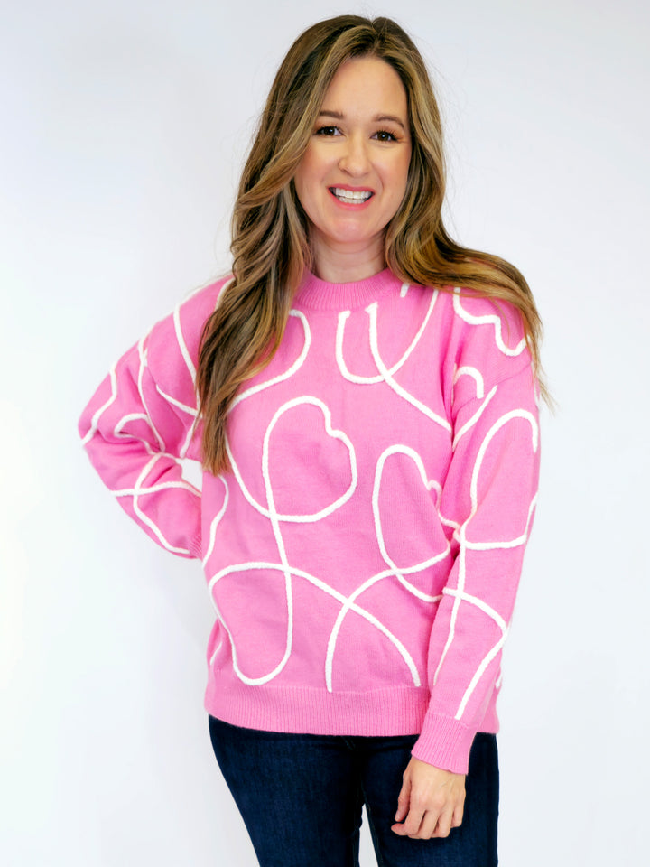 LONG SLEEVE EMBROIDERED HEARTS SWEATER - CANDY PINK