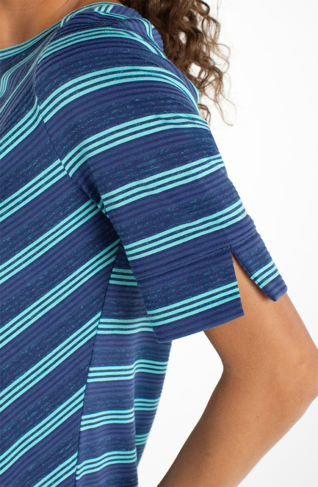 HALF SLEEVE BOAT NECK KNIT MITER TOP - NAVY/TEAL STRIPE