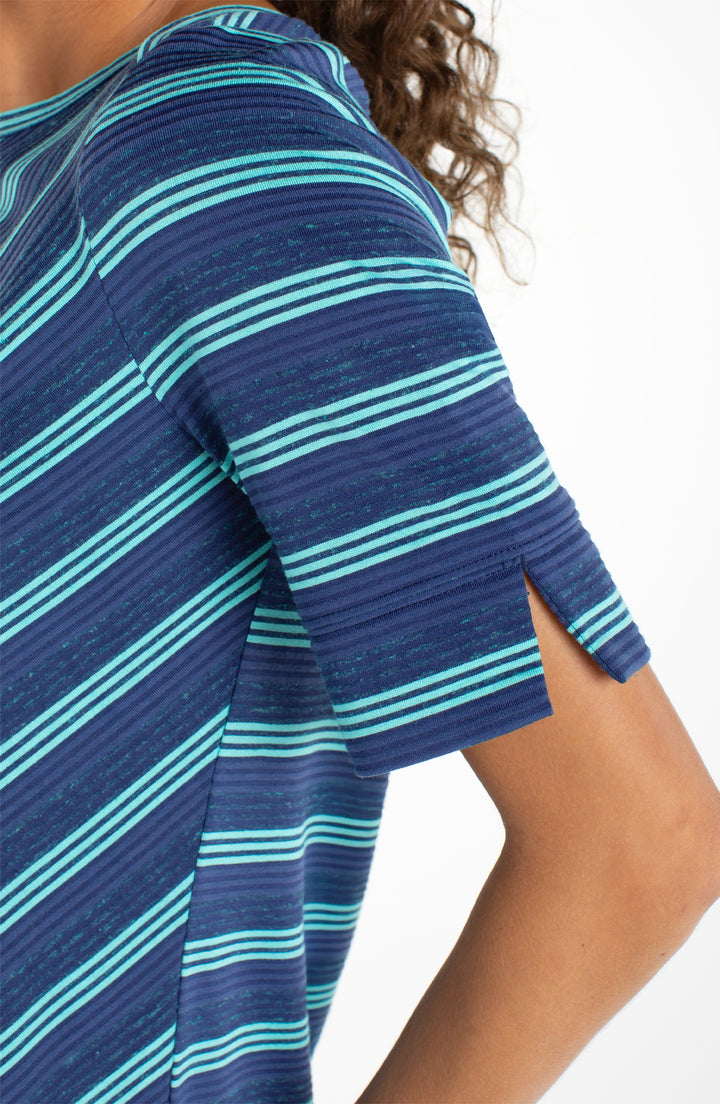 HALF SLEEVE BOAT NECK KNIT MITER TOP - NAVY/TEAL STRIPE
