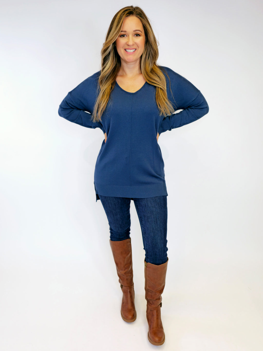 LONG SLEEVE V-NECK HI/LO SWEATER - DARK TEAL