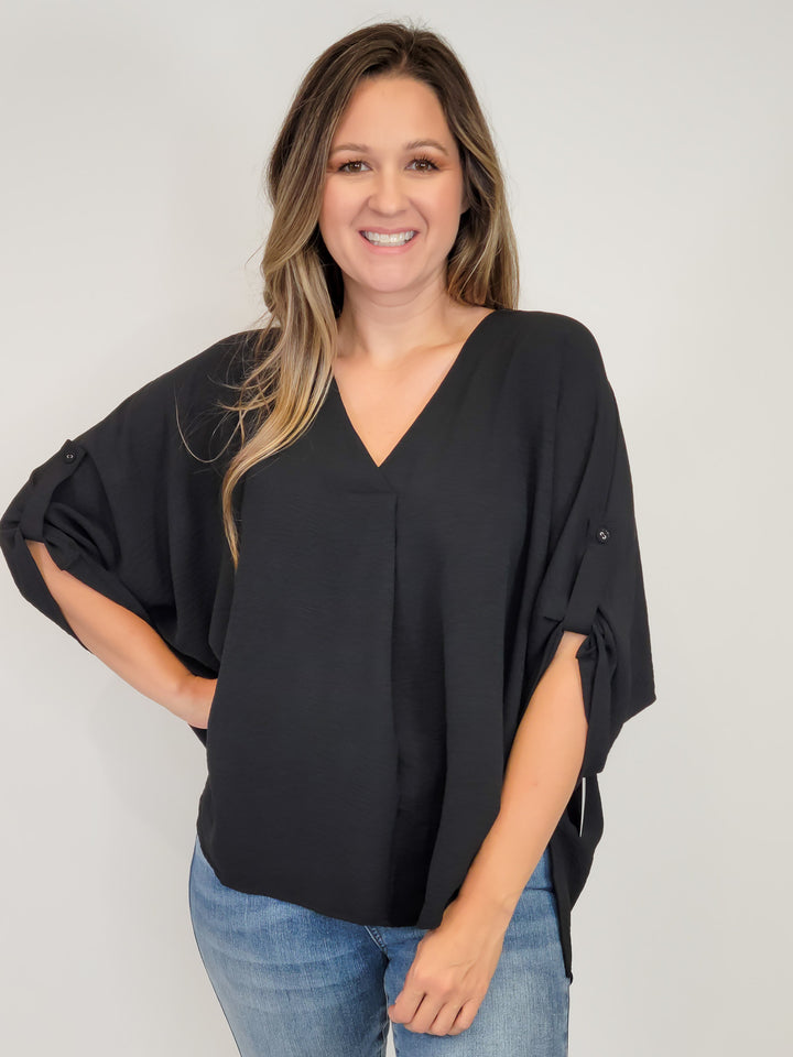 SOLID BOXY BUTTON UP TOP - BLACK