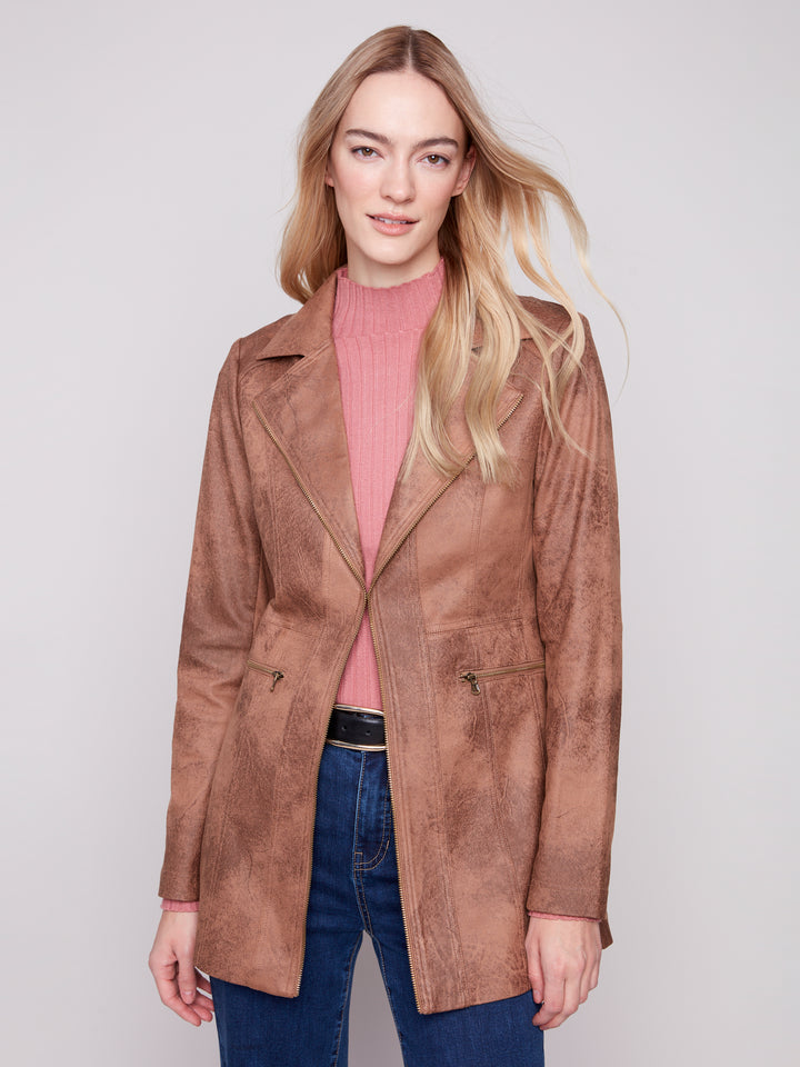 VINTAGE TEXTURE FAUX SUEDE LONG JACKET - TRUFFLE