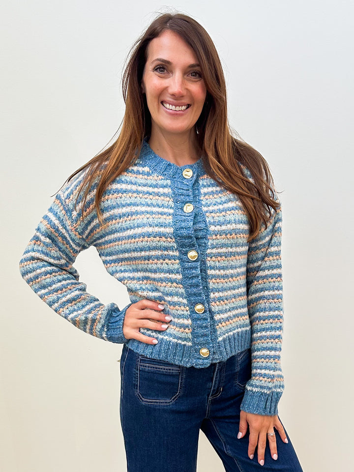 BUBBLE SLEEVE CHUNKY YARN CARDIGAN - AQUA/PEACH