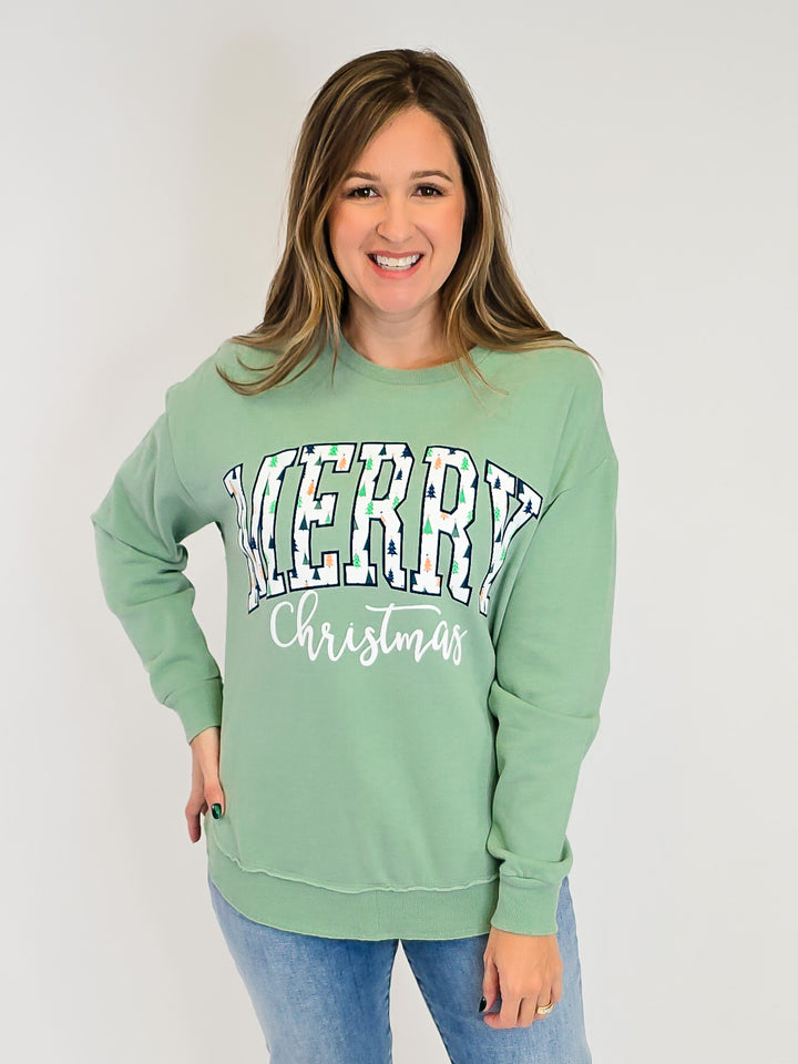 'MERRY LITTLE TREES' CREW NECK PULLOVER - SAGE