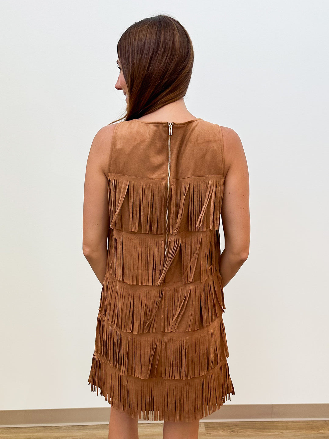 SLEEVELESS FRINGE FAUX SUEDE SHORT DRESS - CAMEL