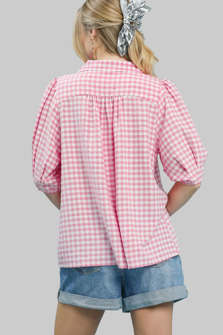 WIDE OPEN COLLAR GINGHAM TOP - PEONY