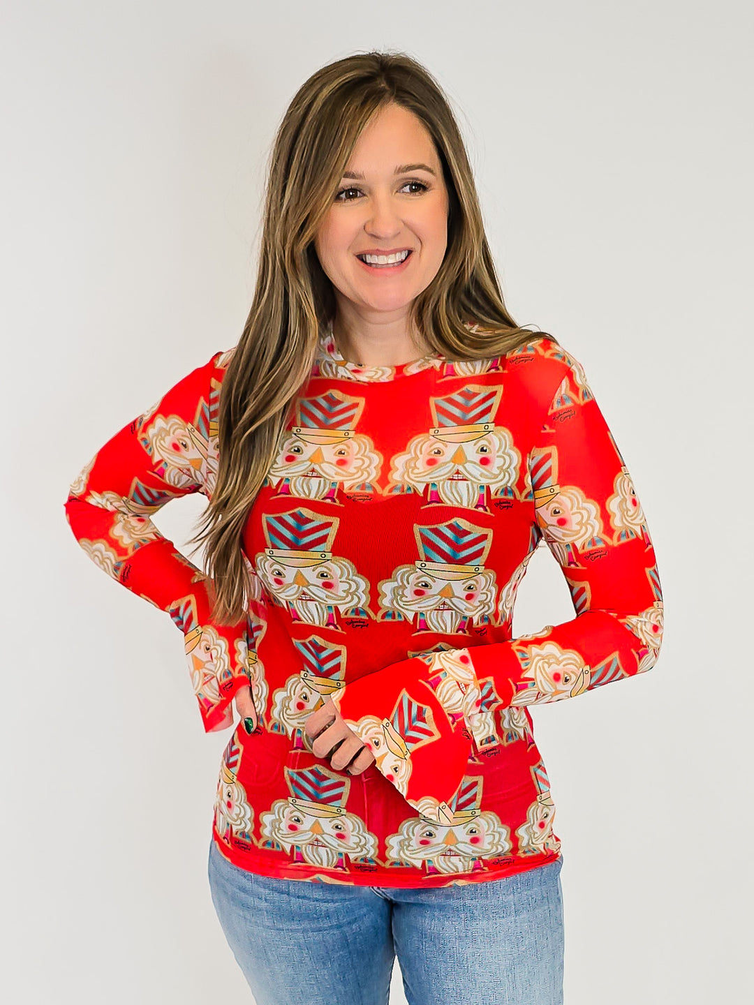 LONG SLEEVE MESH TOP - NUTCRACKER RED