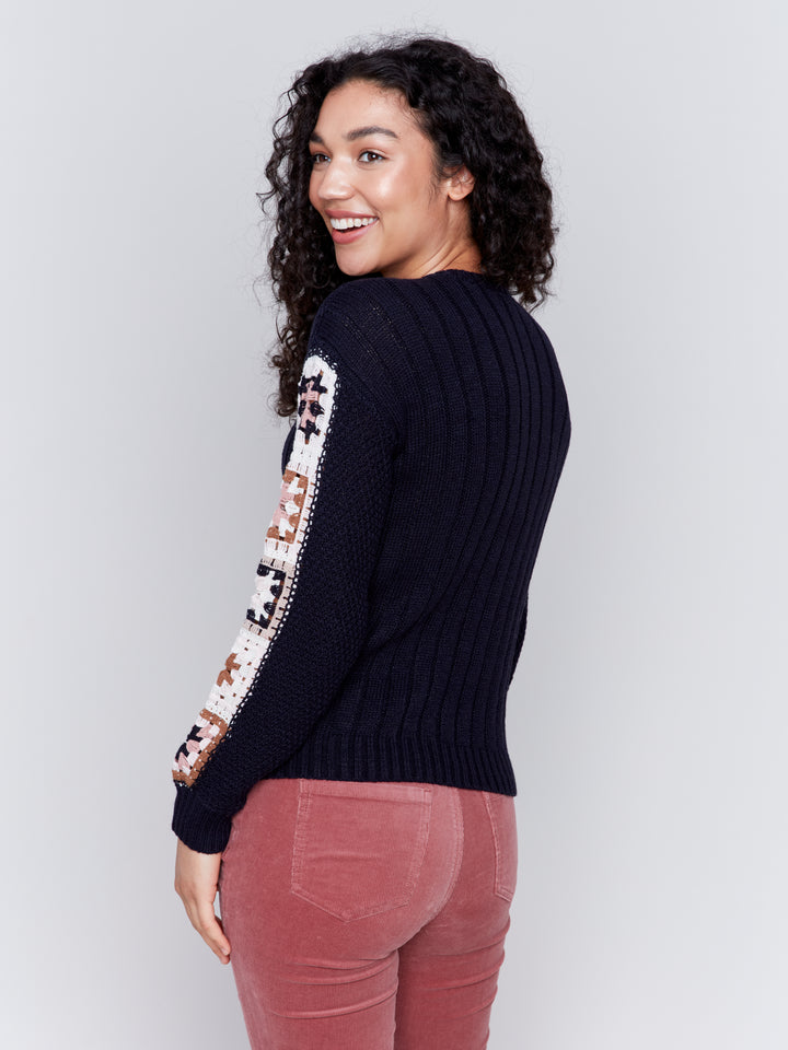 CROCHET SLEEVE SWEATER - NAVY