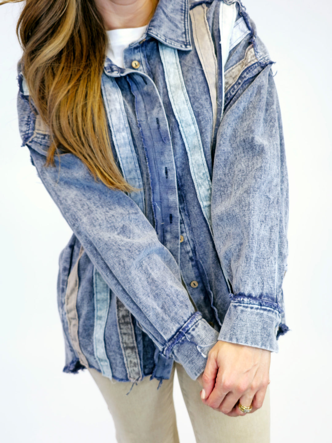 DENIM STRIPED BUTTON DOWN SHACKET - DENIM