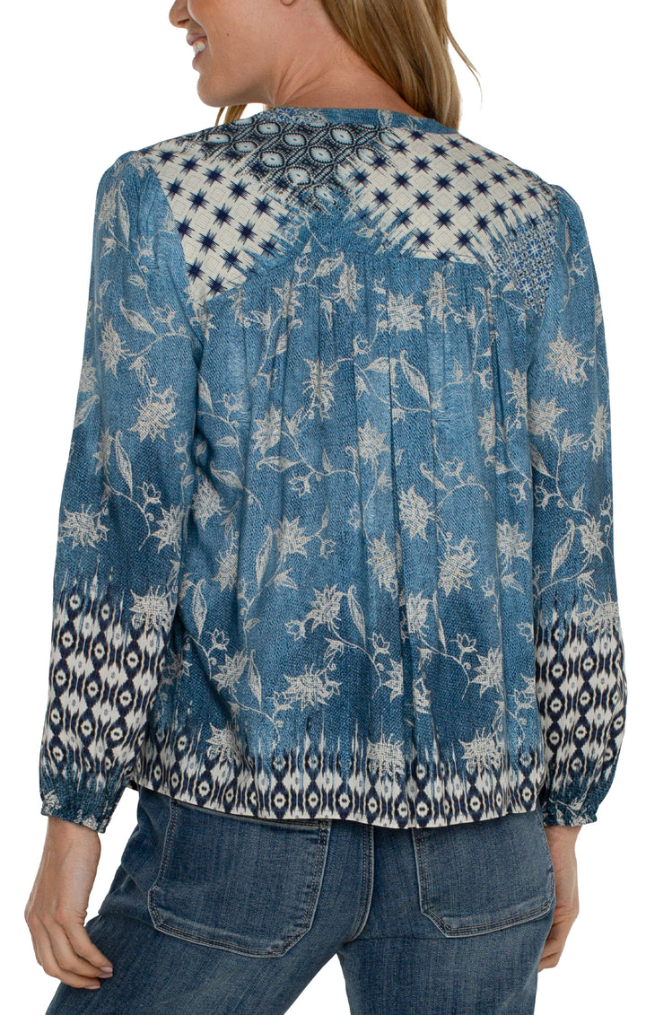 LONG SLEEVE BUTTON FRONT SHIRRED WOVEN TOP - BLUE PATCH WORK FLORAL