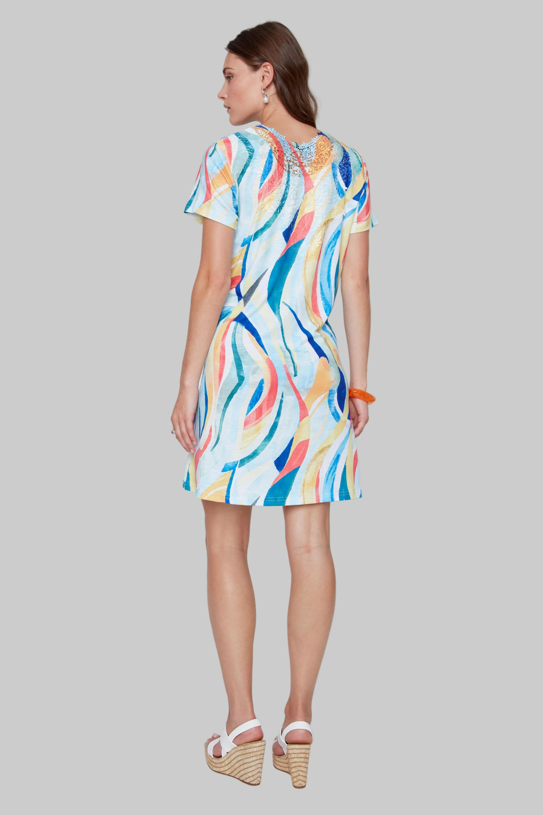 SHORT SLEEVE ABSTRACT CROCHET DETAIL DRESS - SKY BLUE