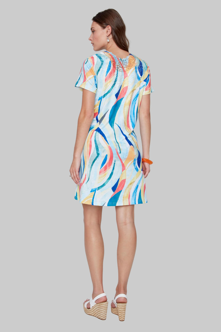 SHORT SLEEVE ABSTRACT CROCHET DETAIL DRESS - SKY BLUE