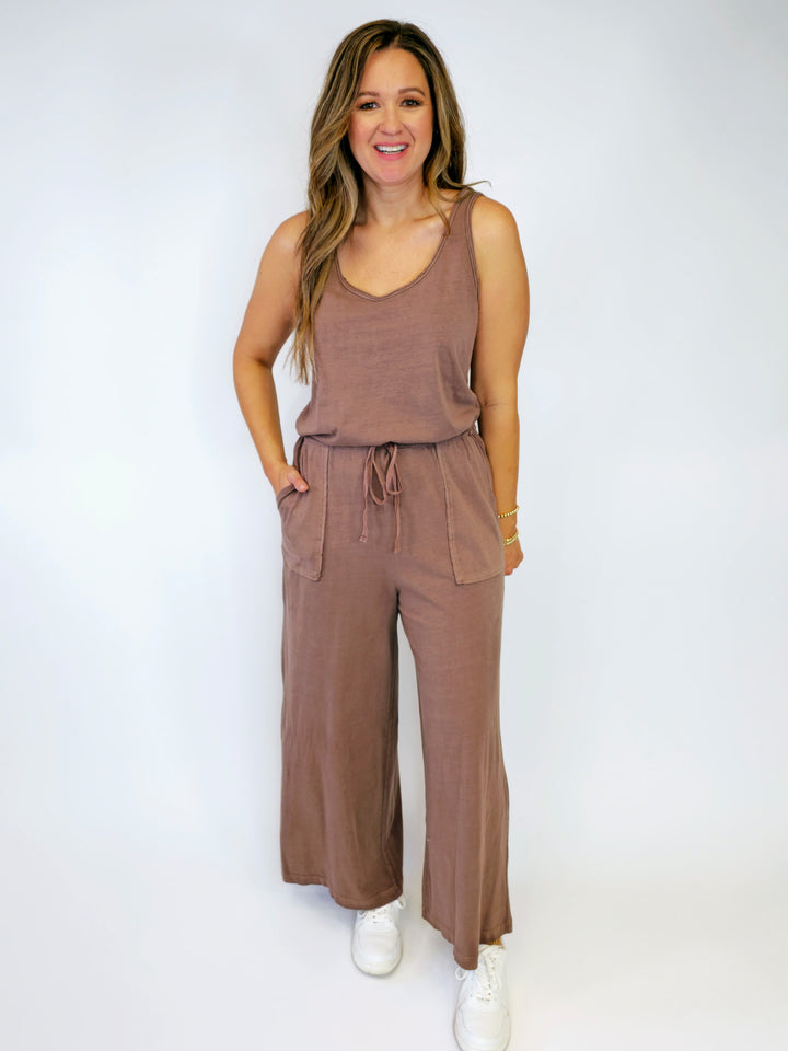 COTTON TANK JUMPSUIT W/WIDE LEGS - MOCHA