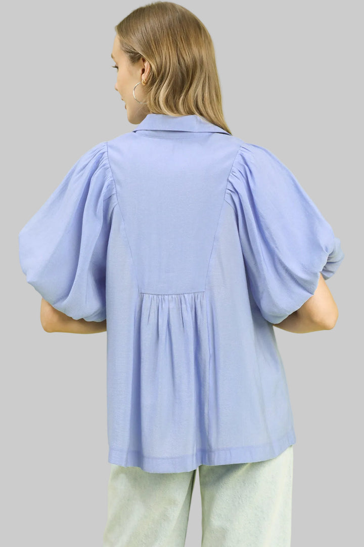 PUFF SLEEVE SMOCKED V-NECK TOP - PERI BLUE