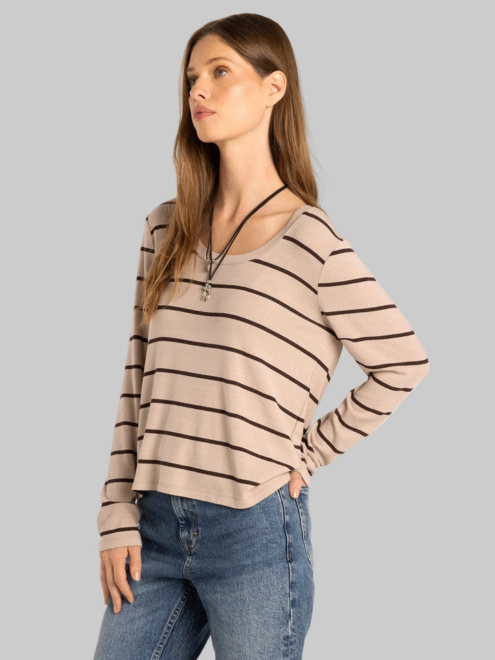 L/S SCOOP NECK LAUREN TOP - PEBBLE BROWN STRIPE