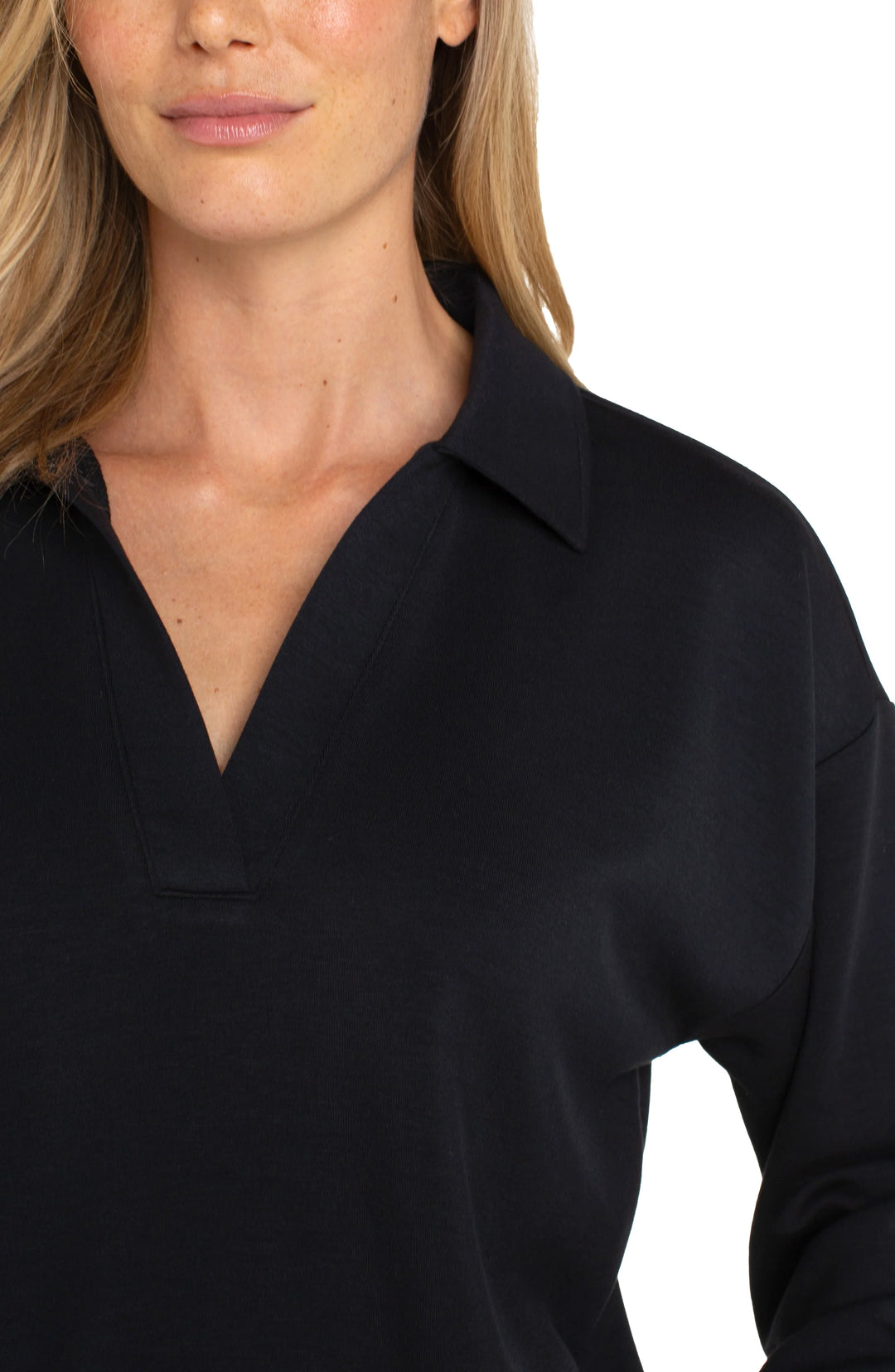 V-NECK COLLARED PULLOVER -  BLACK