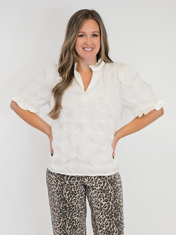 SATIN RUFFLED DETAIL DOTTED TEXTURED TOP - CREAM
