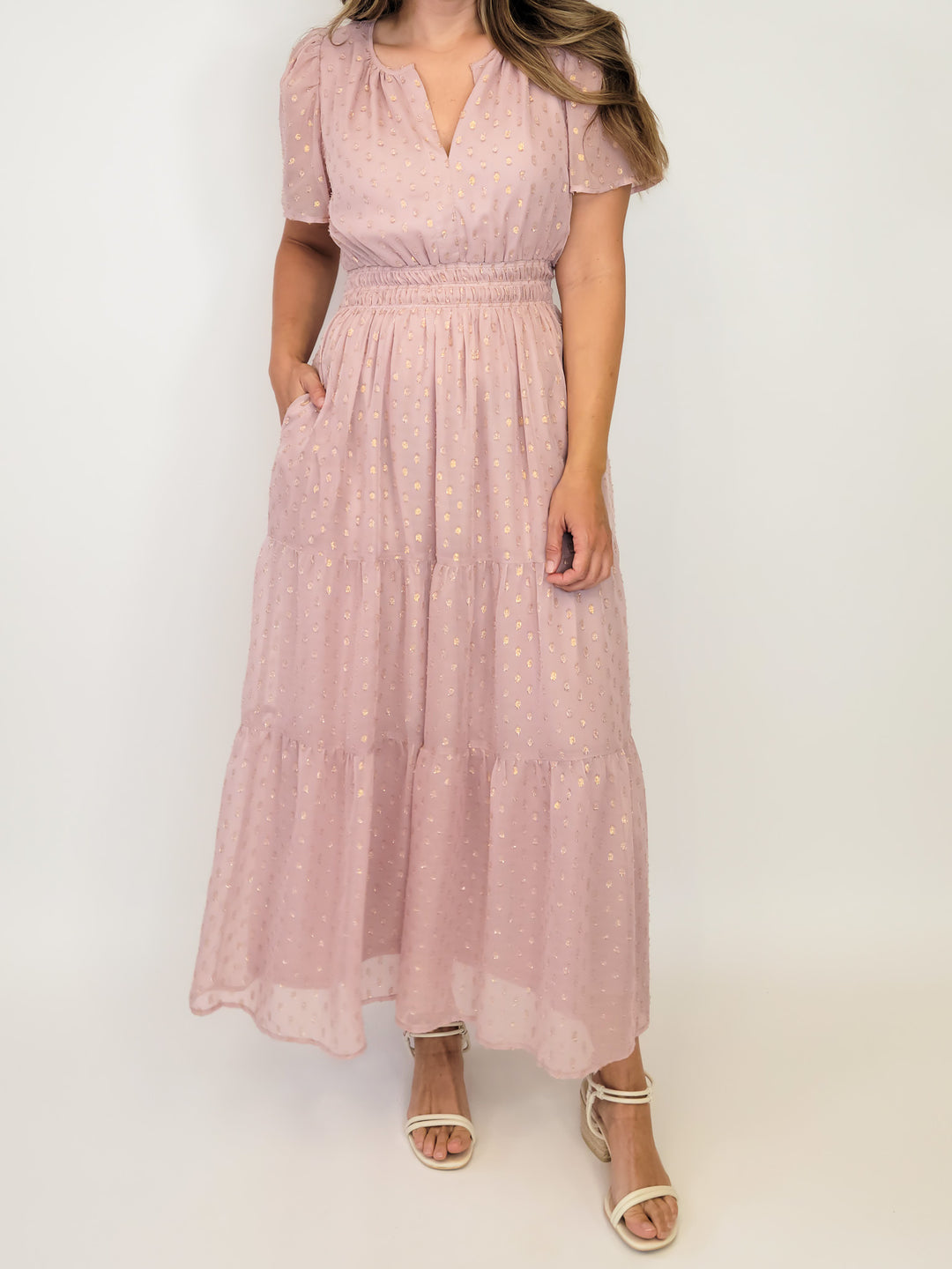 METALLIC DOT TIERED MIDI DRESS - BLUSH