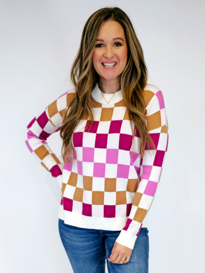 CHECKERBOARD PULLOVER SWEATER - PINK