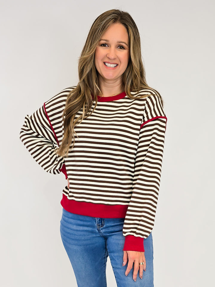 STRIPED JERSEY PULLOVER - RED BROWN