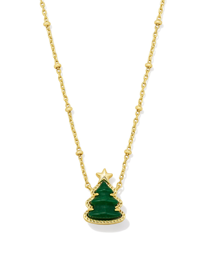 KENDRA SCOTT HOLIDAY TREE SHORT PENDANT NECKLACE - GOLD GREEN QUARTZITE