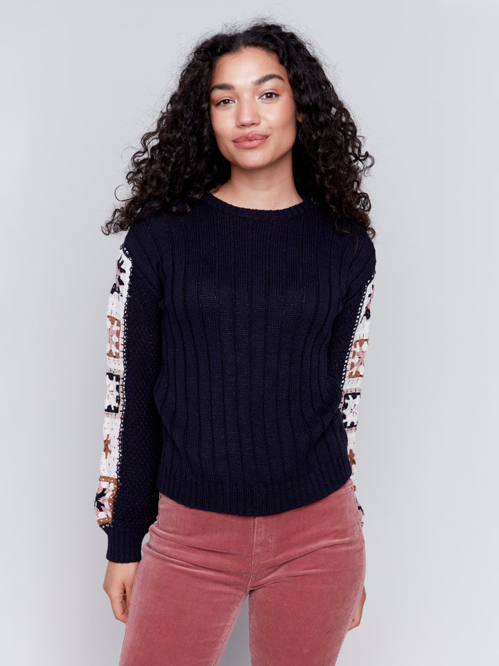 CROCHET SLEEVE SWEATER - NAVY